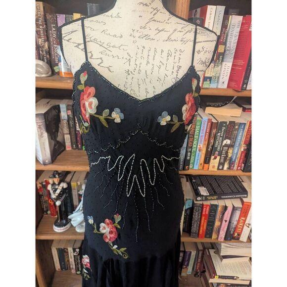 Vtg Cache 90s Y2K Black Gloral embroidered beaded silk maxi Dress Fairycore 12 - Picture 2 of 9